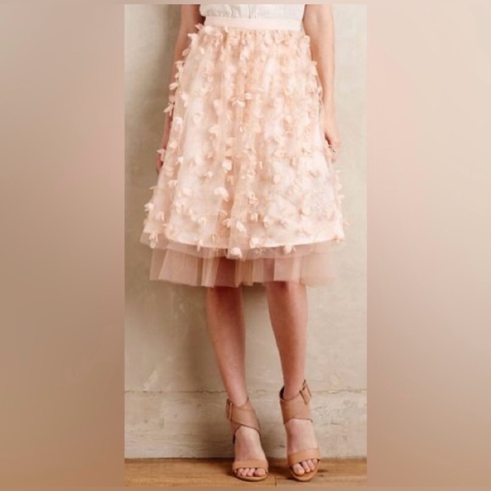 Anthropology Eva Franco Fluttered Fete Peach Midi Tulle Flower Skirt Sz 2 NWOT